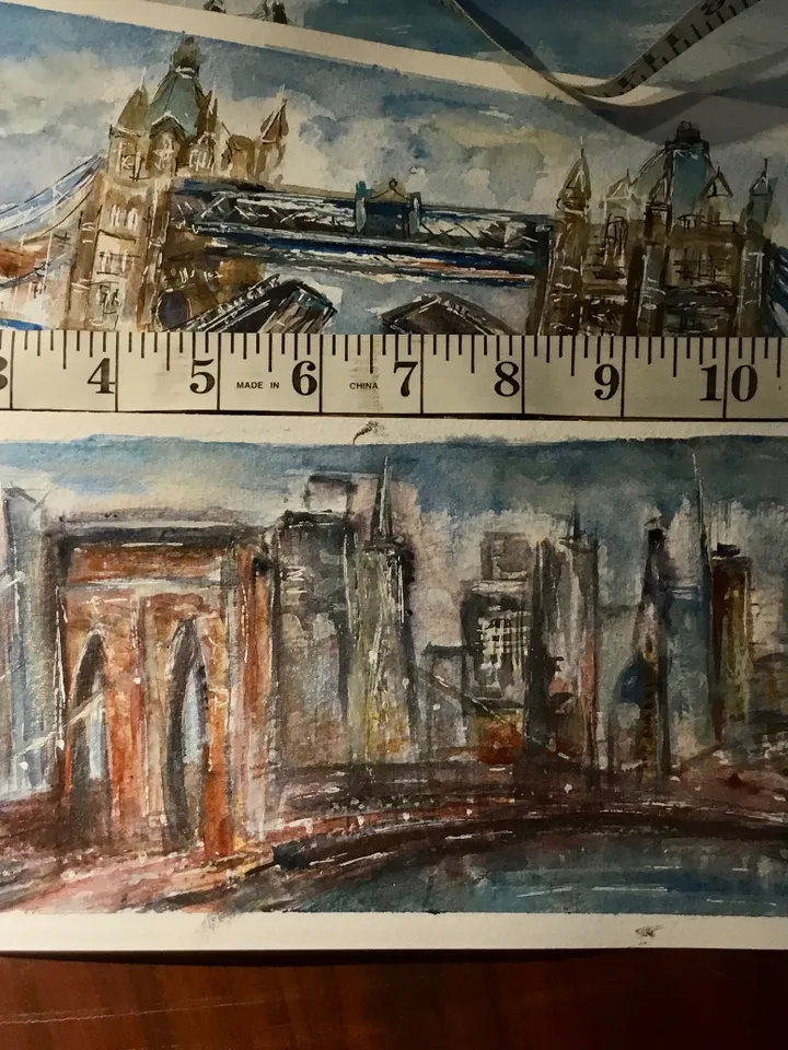World bridges panoramic triptych - original watercolor paintings of New,York,London and Japanese bidges,cityscape paintings wall art,gifts.