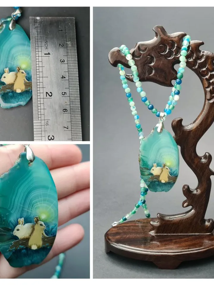 Necklace with two baby rabbit or hare Oil painting on green Agate pendant stone