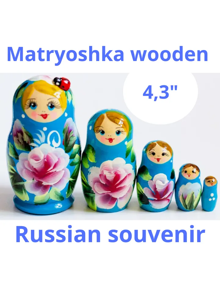 Matryoshka wooden 4,3” souvenir. Set of 5 dolls in 1.