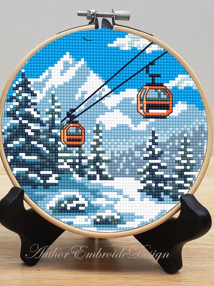 Winter landscape cross stitch pattern PDF download Ski lift gondola cross stitch, Small snow pattern digital PDF, Mountain landscape #L94