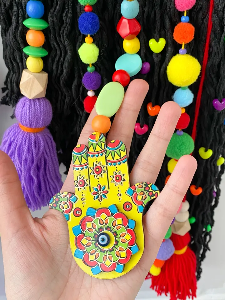 Extra large wall decor, Unique macrame rainbow wall hanging with eye and hamsa hand charm, Boho home aesthetic