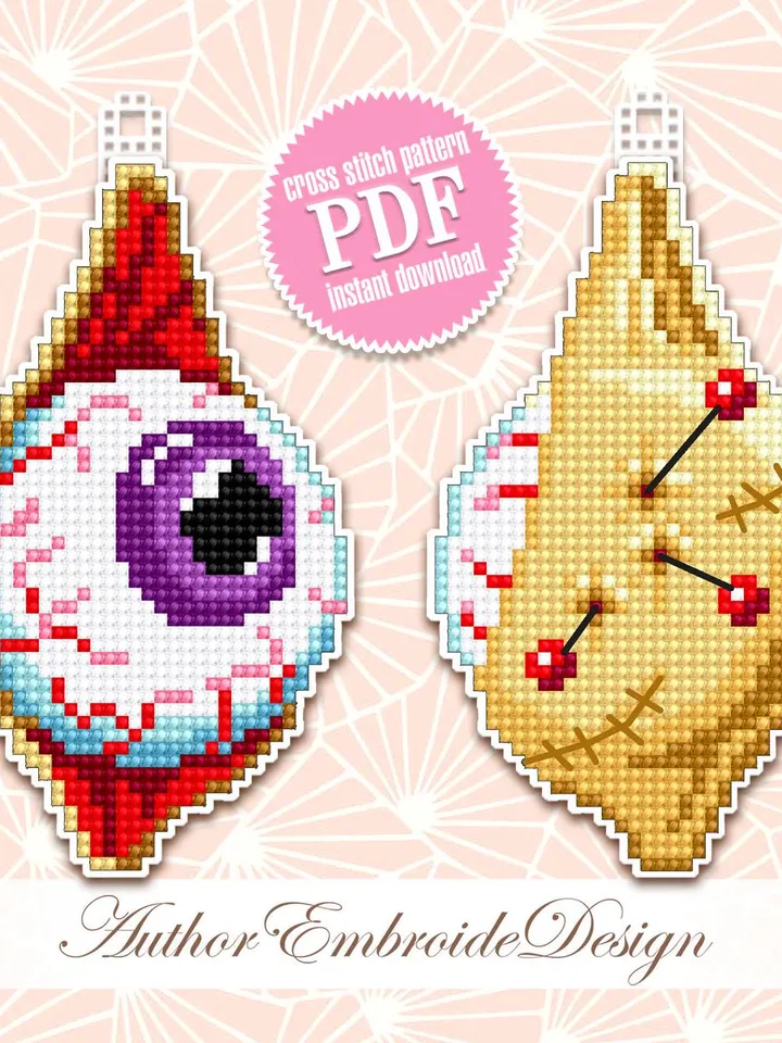 Creepy eye cross stitch pattern PDF download Double-sided Halloween ornament cross stitch chart for plastic canvas Halloween tree decor #H71