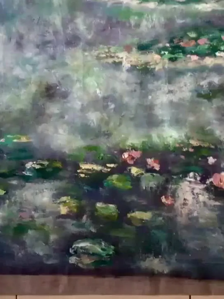 Waterlillies pond large canvas,original oil painting on unstretched canvas,Monet inspired,foggy landscape,home decoration wall hanging.