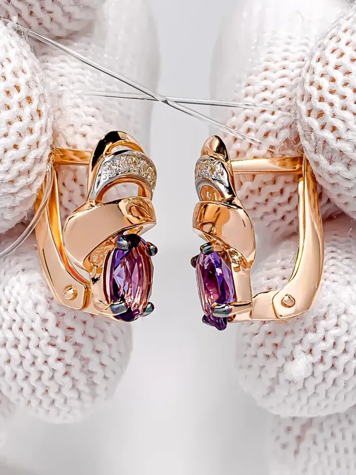 Earrings jewelry Silver gold plated 925 assay value with amethyst