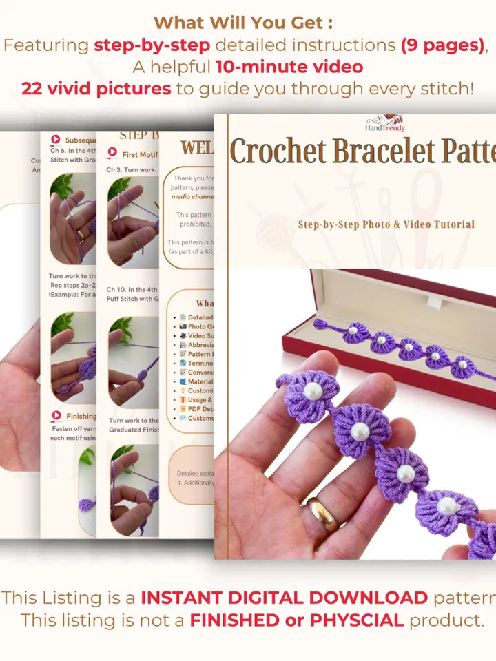 Crochet Bracelet Pattern, PDF Tutorial Beaded Floral Jewelry DIY, Elegant Wrist Accessory Gift for Handmade Jewelry Lovers