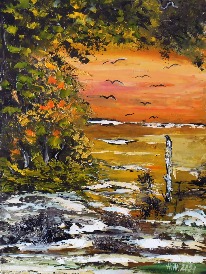 Gold Autumn landscape original oil painting with pallete knife