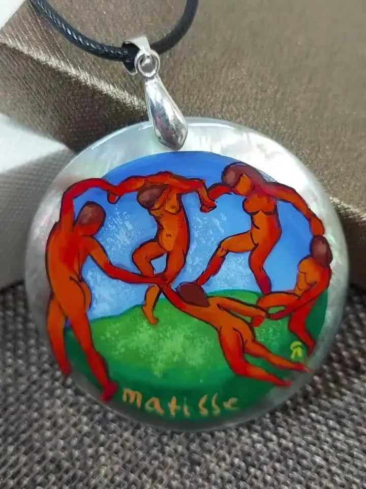 Nice Mother-of-pearl Pendant Henri Matisse"Dance",miniature hand-painted,Russian Jewelry,Art Gift,Famous painting,Matisse.Dance