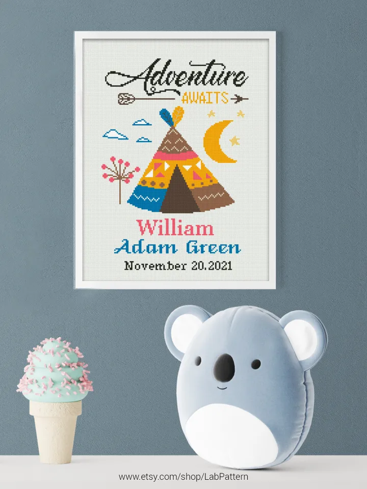 Birth announcement Adventure awaits Camping cross stitch pattern, baby, personalized boy girl nursery decor gift DIY embroidery, instant PDF