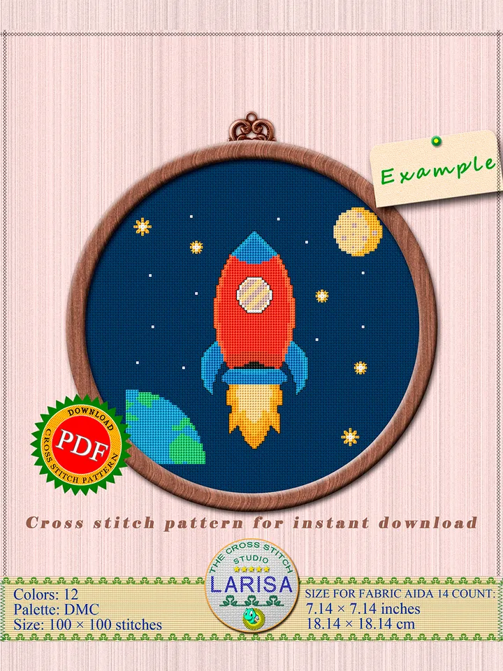 Cosmos Rocket Cross Stitch Pattern | Cartoon Rocket Embarking on a Galactic Voyage