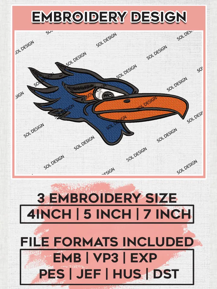 NCAA UTSA Roadrunners Team Head Mascot Logo Embroidery Design Files, NCAA UTSA Roadrunners Machine Embroidery, NCAA Teams, 3 sizes, NCAA Machine embroidery designs, Digital Download