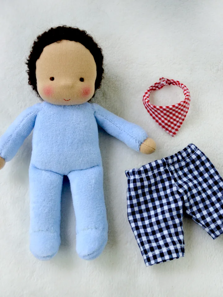 DIY Waldorf pocket doll 7 inch (18 cm) tall. PDF sewing pattern and tutorial + doll clothes patterns.