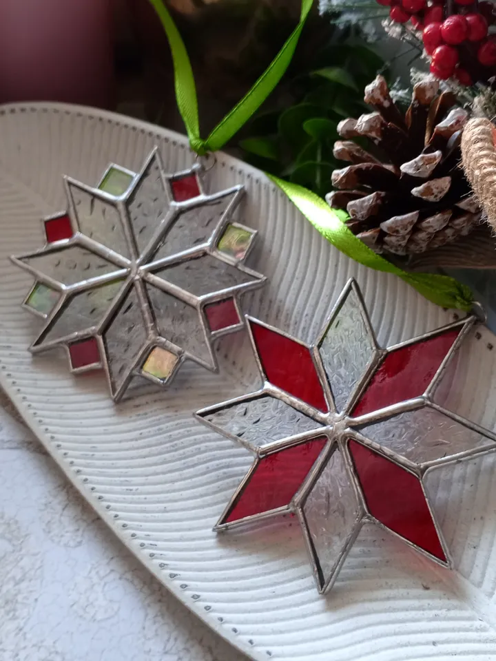 Set of 2 snowflake suncatchers, christmas ornaments, simple stained glass, Christmas decorations, Xmas tree star