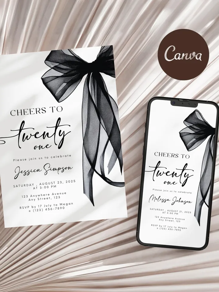 Coquette Black Bow 21st Invitation, Editable Twenty first Birthday Party Invite, DIY Digital Black Ribbon, Cheers to Twenty one Invite