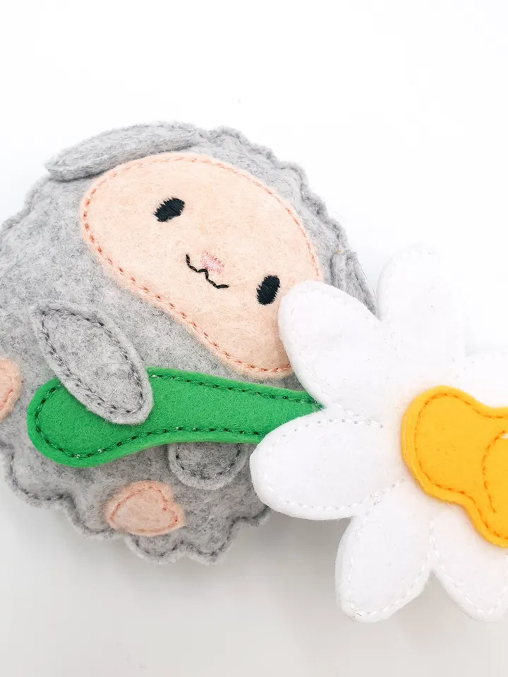 ITH Cute Lamb with Flower Embroidery Design, Felt Stuffed Animal Sheep Toy Pattern, 4x4 Hoop Digital File