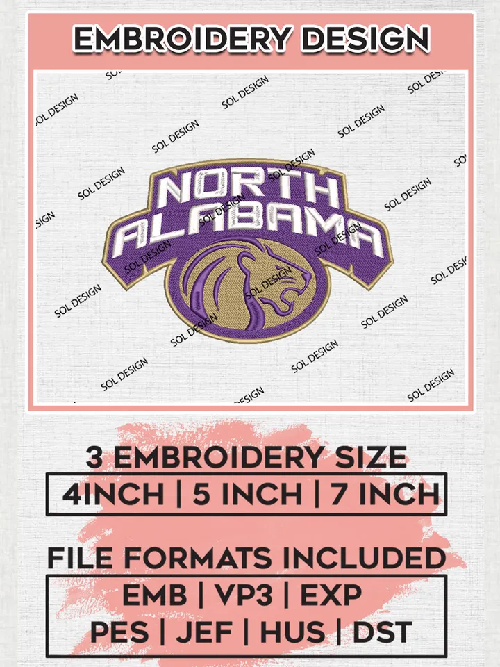 NCAA UNA Lions Team Mascot Logo embroidery designs, NCAA North Alabama Lions Logo Machine embroidery files, NCAA Team Logo embroidery designs, NCAA Game Day Machine embroidery designs, Digital Download