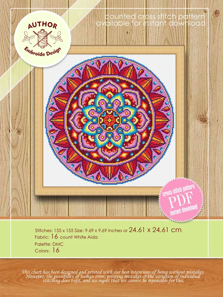 Bright mandala cross stitch pattern download PDF, Mandala ornament cross stitch chart, Modern beginner stitch, Colorful awesome pattern #M93