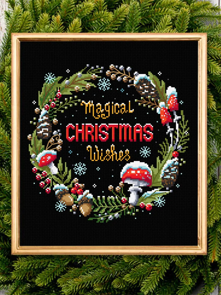 Christmas wreath cross stitch pattern download PDF Magic mushroom cross stitch chart, Holiday embroidery, Christmas pattern digital PDF #N66