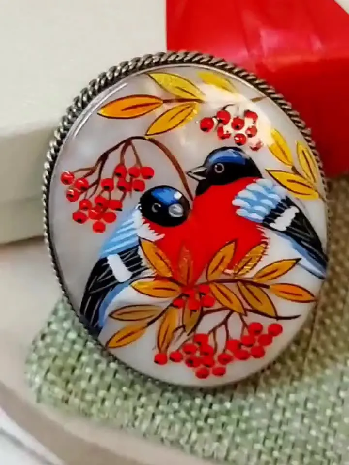 Brooches for women: Red bird couple pin • handmade jewelry painted on mother of pearl • bullfinch bird painted on statement brooch