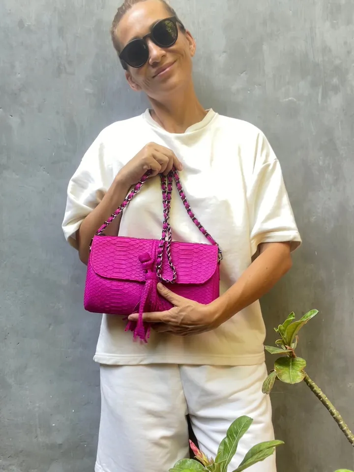 Genuine Python Skin Clutch with tassel |women purse | exotic leather bags | hot pink evening clutch | designer crossbody bag handmade