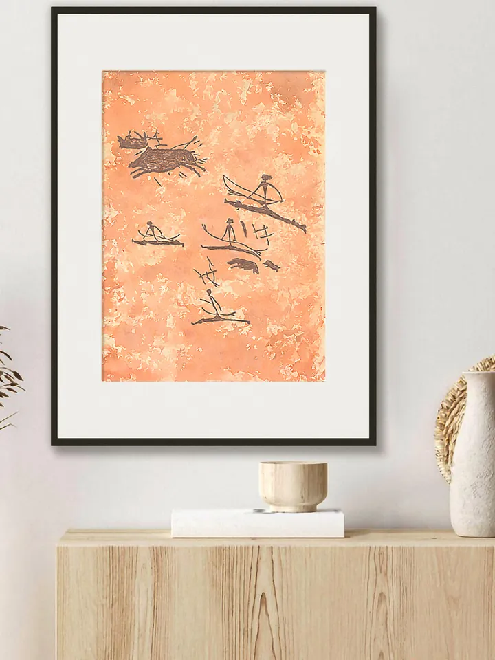 Boar hunting wall art | Original Pastel and Watercolor Artwork Ancient Cave Painting Style | Hunters Prehistoric art | Handmade Artwork | Archers stylization of rock art | Drawings of a prehistoric man