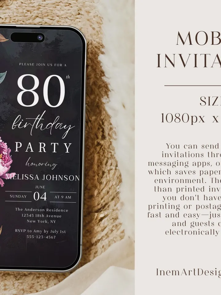 80th Birthday Invitation for women – Moody Burgundy & Blush Peony Floral Invitation, Elegant Dark Men Birthday Party Invite Canva Template