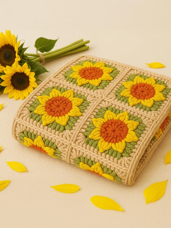 Sunflower Square Crochet Blanket Pattern - Perfect Housewarming or Mother's Day Gifts - Crochet Flower Coaster for Kitchen and Dining