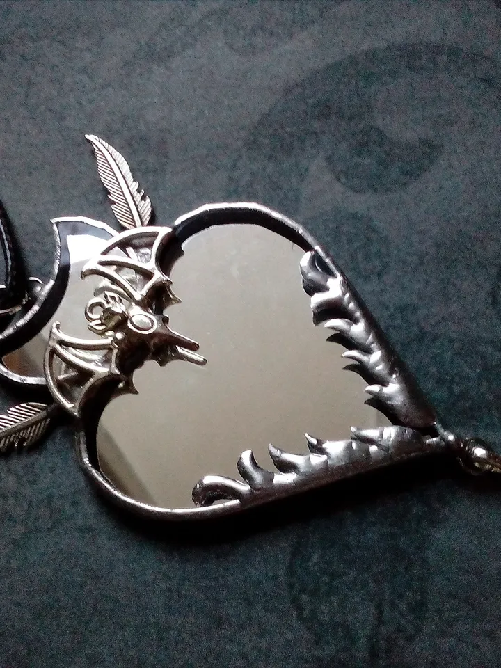 Stained glass scrying mirror, Black goth ornate mirror, Bat mirror, Car hanger, Witch mirror, Heart mirror