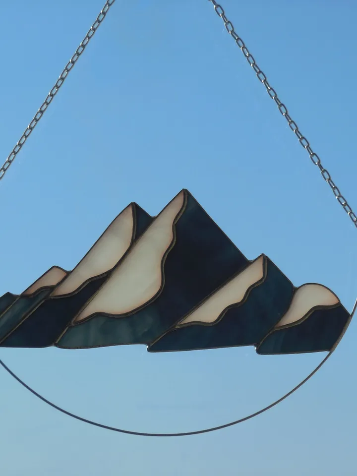 Mountains . Art Stained Glass window hanging Panel Suncatcher . landscape , garden outdoor decor