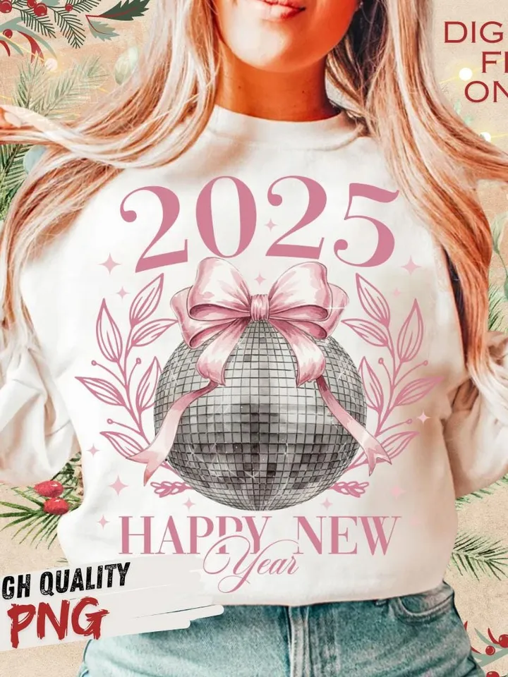 Happy New Year 2025 Png, Disco Ball New Year's PNG, Social Club Coquette Sublimation, Trending Disco Ball, Pink Bow New Year Sublimination