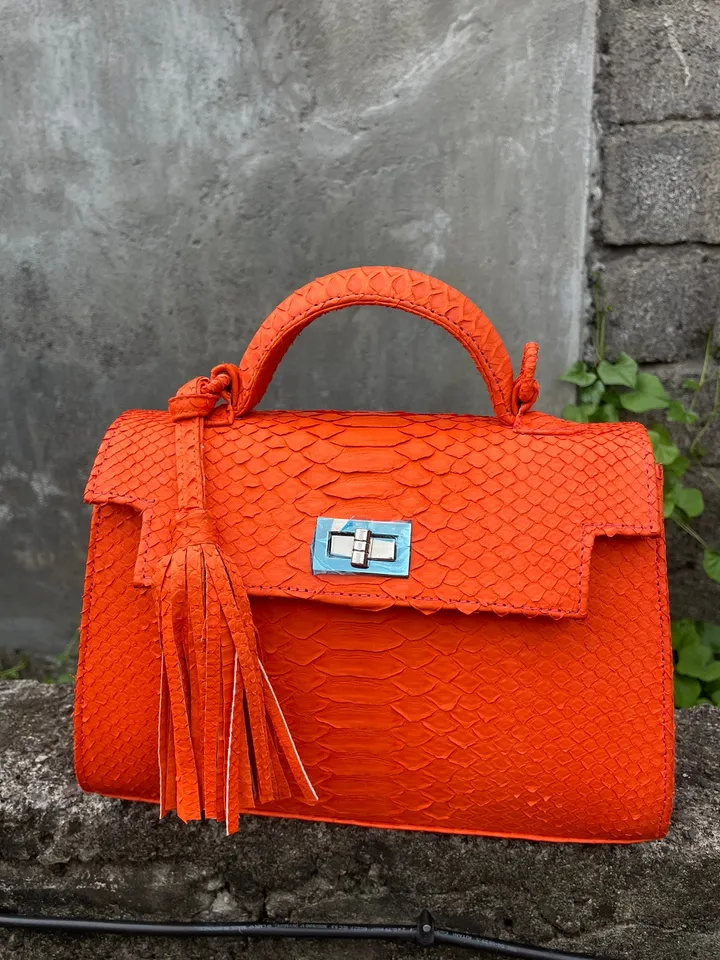 Top handle orange classy genuine python skin bag | exotic leather bags | Elegant women purse | snake skin bag | designer leather bag