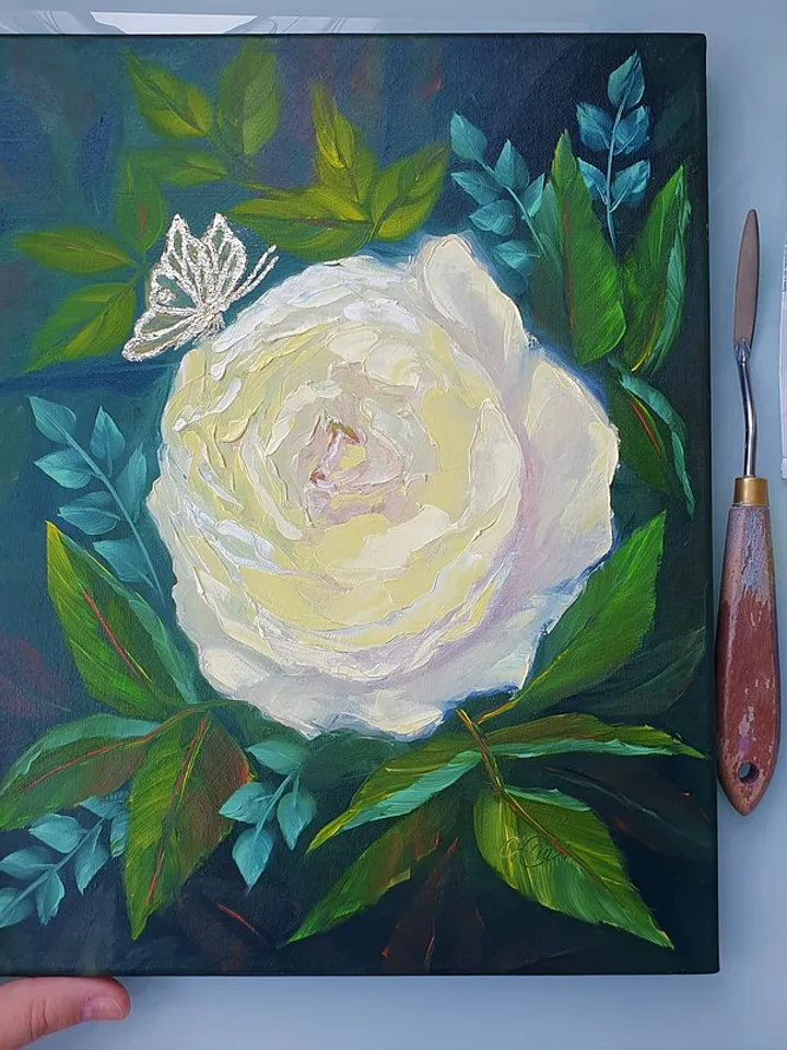 Rose Painting Butterfly Original Art Flower Wall Art Floral Canvas Oil Painting