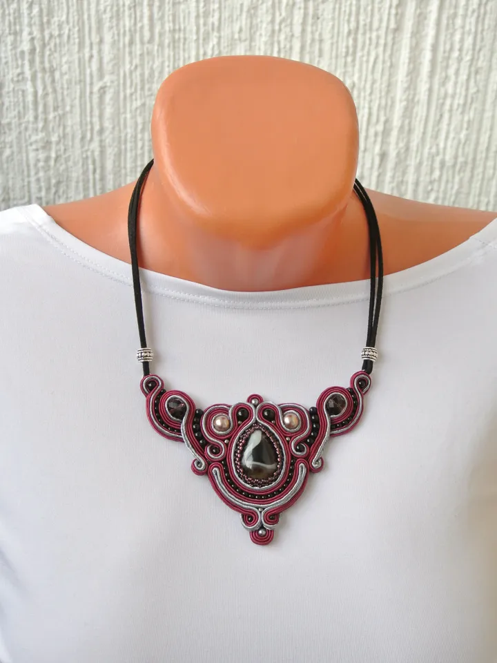 Burgundy necklace with Agate stone, Soutache Embroidered statement necklace