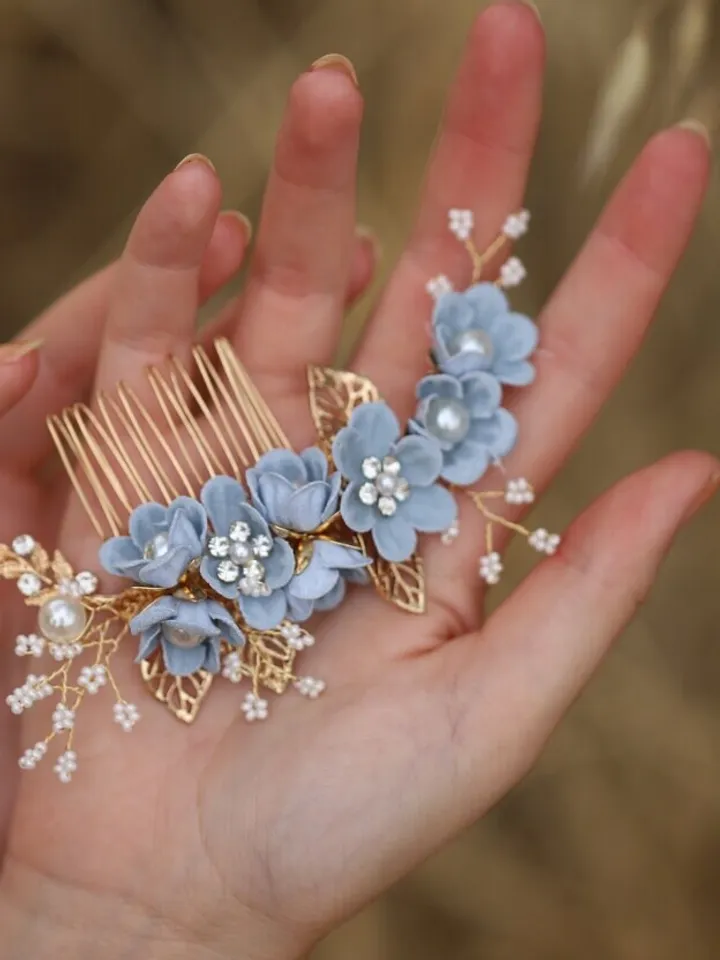 Light Blue Flowers Wedding Hair Comb, Floral Bridal Headband, Leaf Hair Comb, Hair Pins, Headpiece, Wedding Hair Accessories, Jewelry set