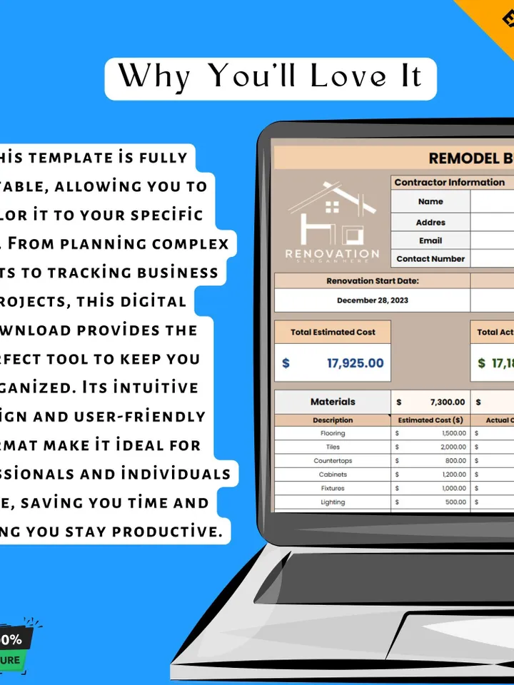 Remodel Budget Template, Editable Google Sheets Digital Download, Home Renovation Cost Tracker, Remodeling Expense Planner