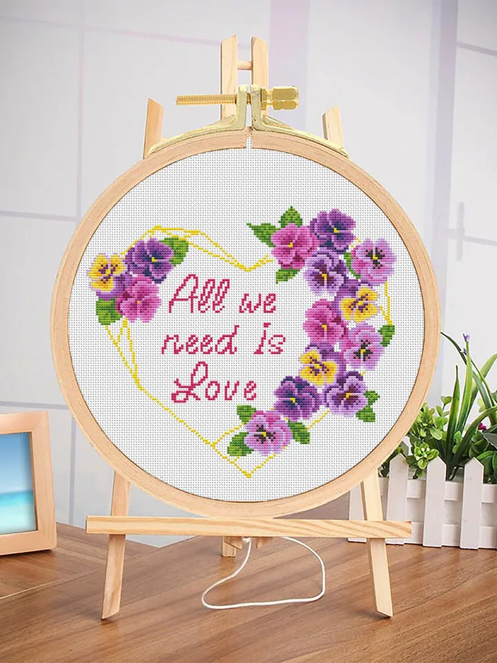 Heart frame cross stitch pattern PDF download Framed quote cross stitch All we need is love, Flower wreath cross stitch chart, Valentine Q56