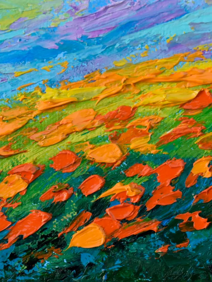 California poppies painting Mountain Landscape Small Original Art 5 by 7 in Wildflower Painting by Juliya JC