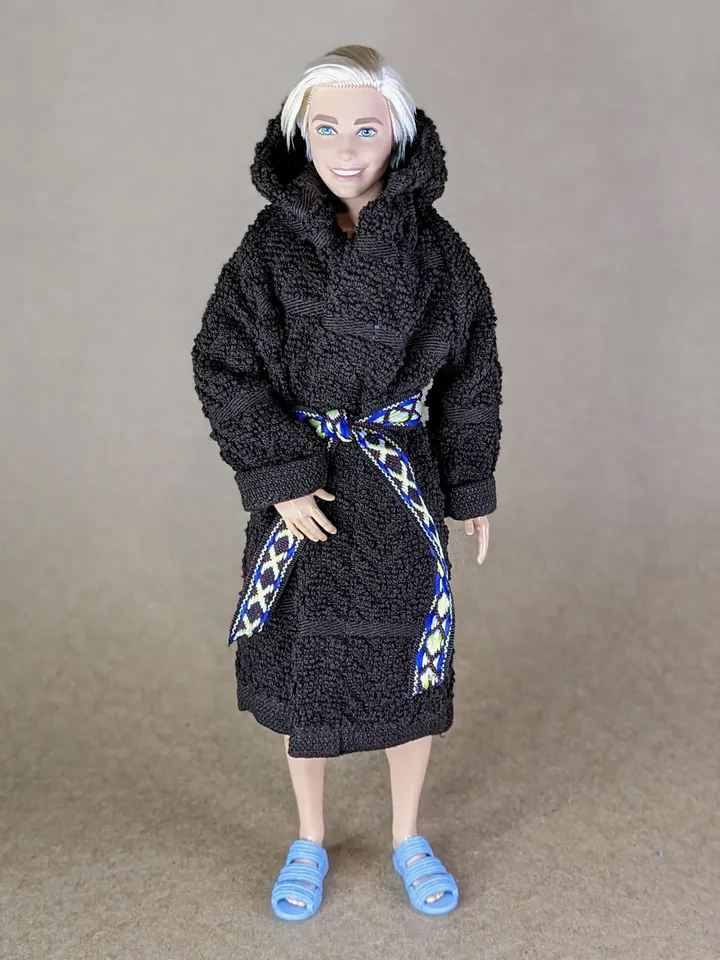 Brown terry bathrobe with a hood for 12 inch fashion male doll