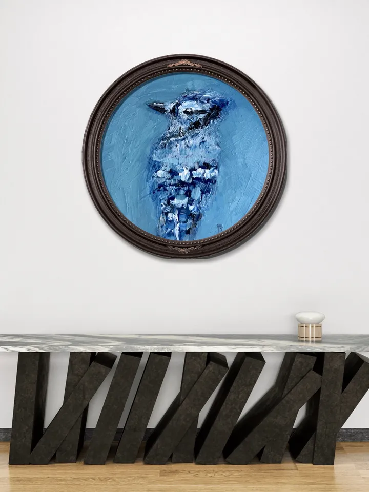 Blue jay bird painting on round canvas,bird wall art,original oil impasto bird painting,round canvas oil painting,gifts home decor.