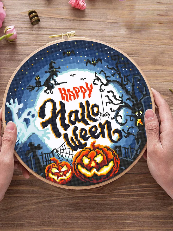 Happy Halloween cross stitch pattern download PDF Halloween moon cross stitch Spooky cross stitch chart Halloween night Magic embroidery #H8