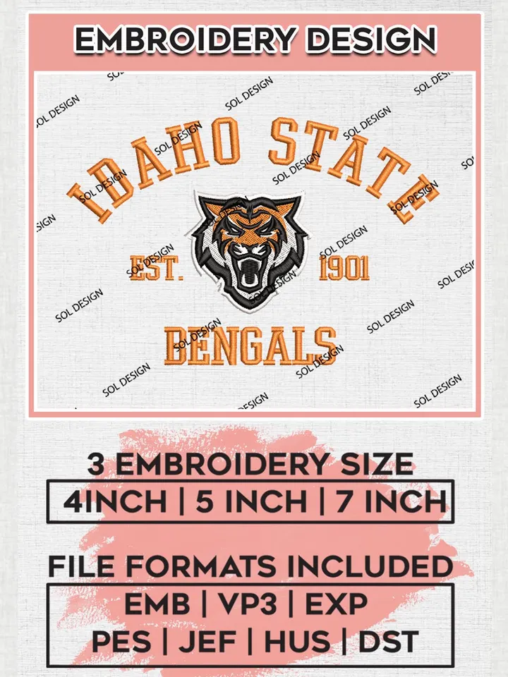 Idaho State Bengals Est 1901 Logo Embroidery Designs, NCAA Idaho State Bengals Team Embroidery, NCAA Team Logo, 3 sizes, Machine embroidery Files, Digital Download