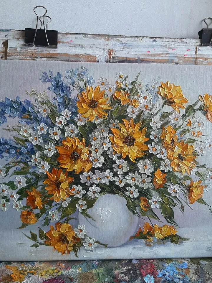 Yellow flower oil painting Original art Wildflowers Palette knife painting Wall art