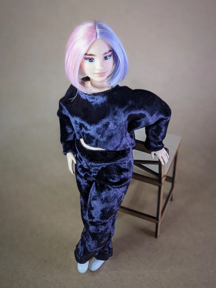 Handmade casual purple velvet two-piece set (long-sleeve and pants) for 1/6 scale fashion female dolls