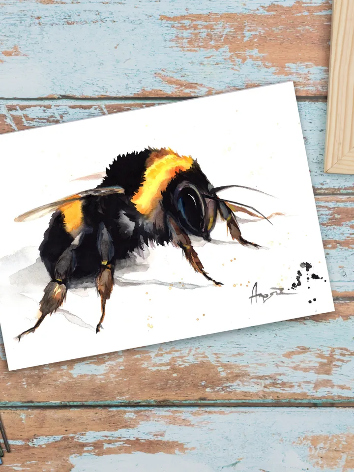 Bumblebee original watercolor illustration, bee painting, wall decor, 8x11 in art for natura lovers by Anne Gorywine