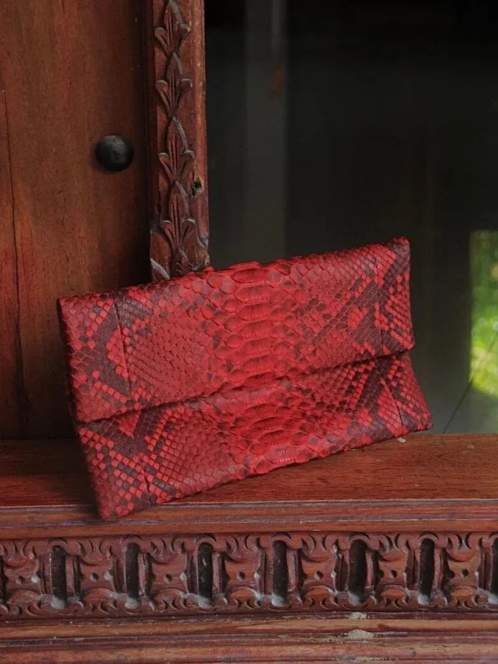 Genuine Python Skin Envelope Red Clutch | Exotic Leather Bags | Small Classy Handmade Clutch | Flat women Elegant Evening Clutch| Snake Bag