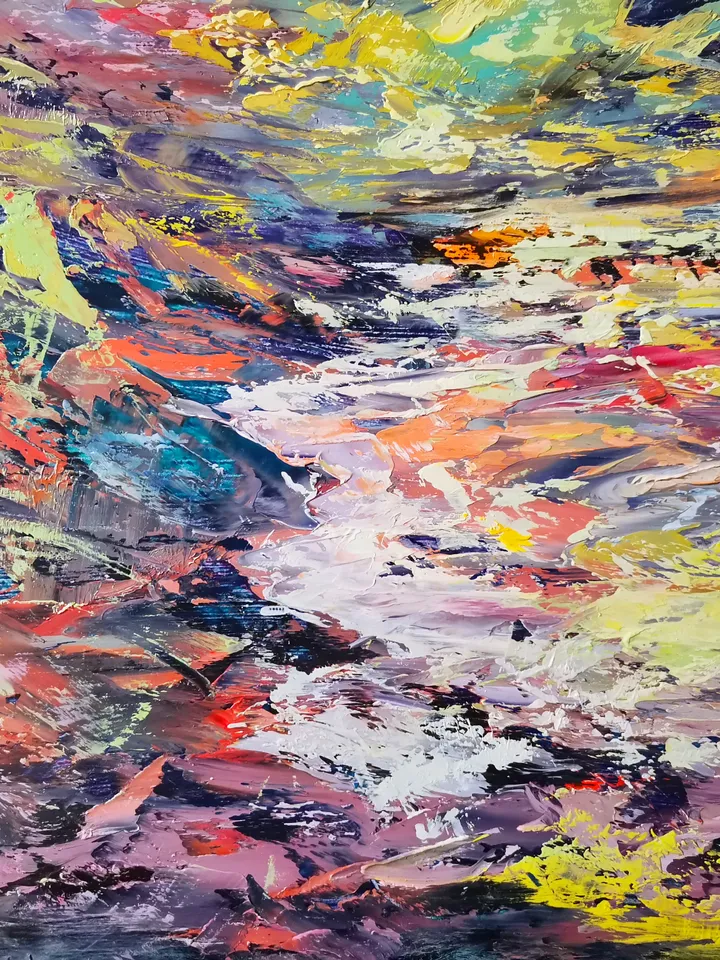 Stream River Mountains Original Oil Painting Borealis Aurora Artist Svinar Oksana
