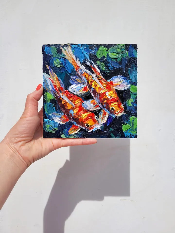 Koi Fish Painting Fish Painting Original Art Impasto Oil Painting 6x6 Animal Painting Food Painting Koi Carp Feng Shui Painting Seafood Art by ArtFromVictoria