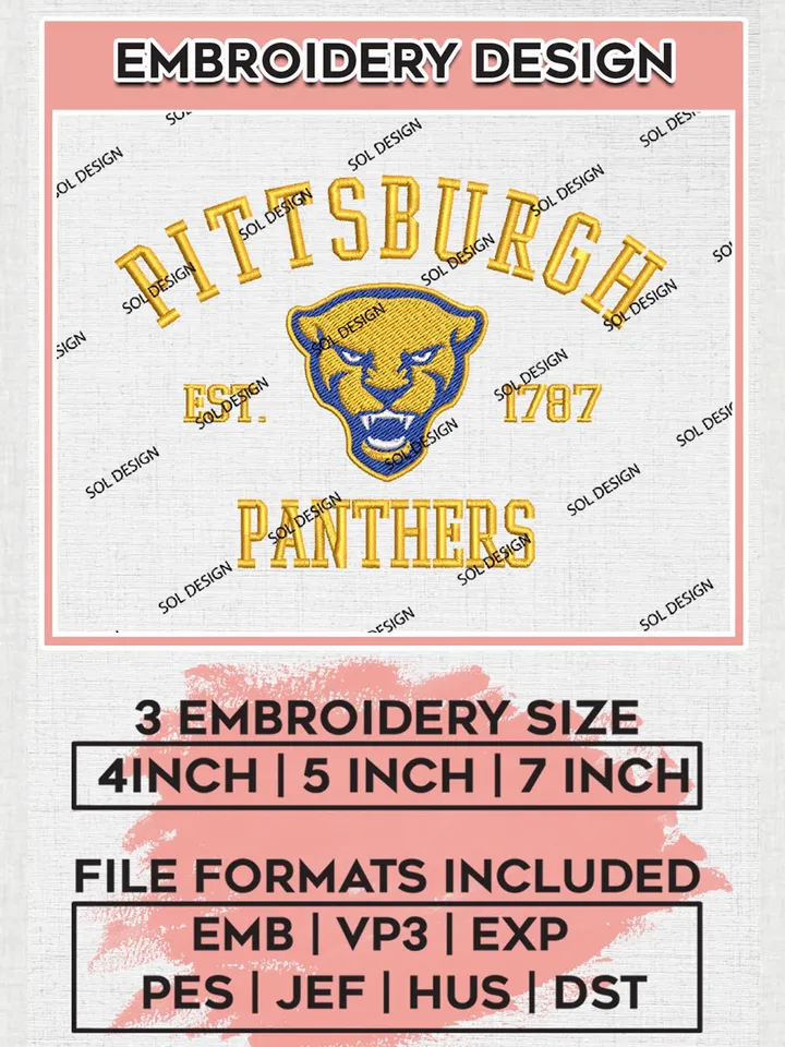 Pittsburgh Panthers Est 1787 Embroidery Designs, NCAA Pittsburgh Panthers Team Embroidery, NCAA Team Logo, 3 sizes, Machine embroidery Files, Digital Download
