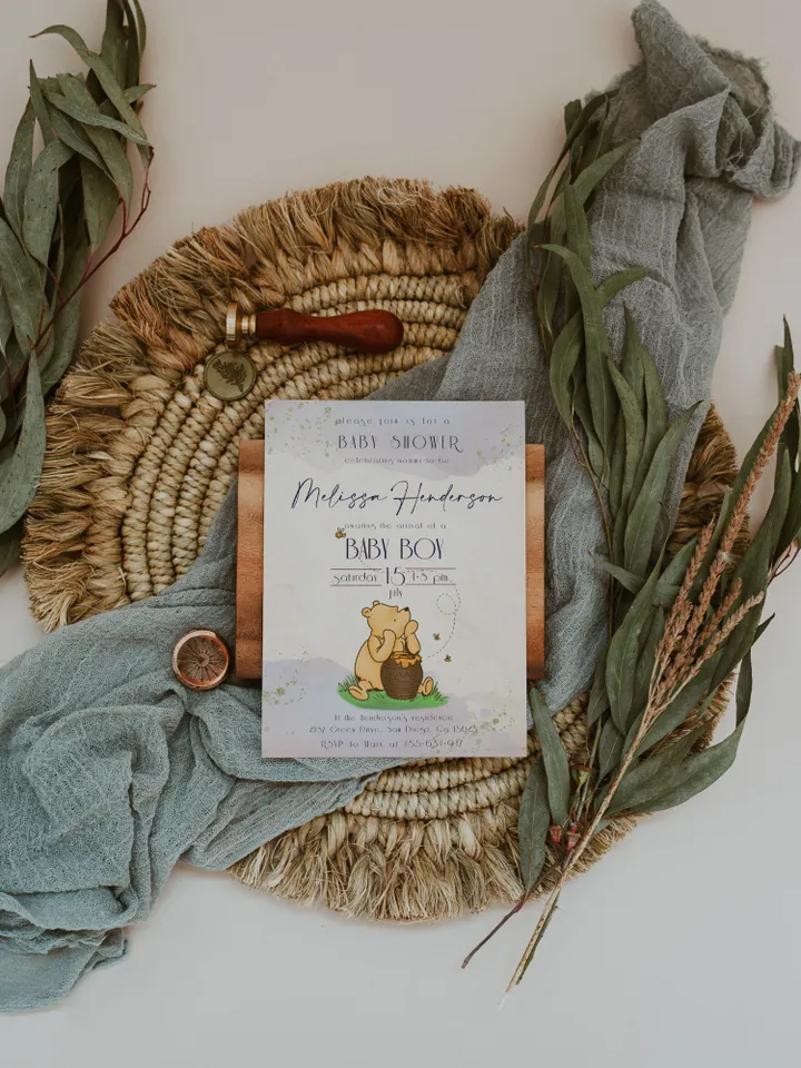 Classic Winnie Pooh Baby Shower Invitation Set; Boy Baby Shower Template; Blue Baby Shower Invite; Honey Bear Invite; Winnie Template