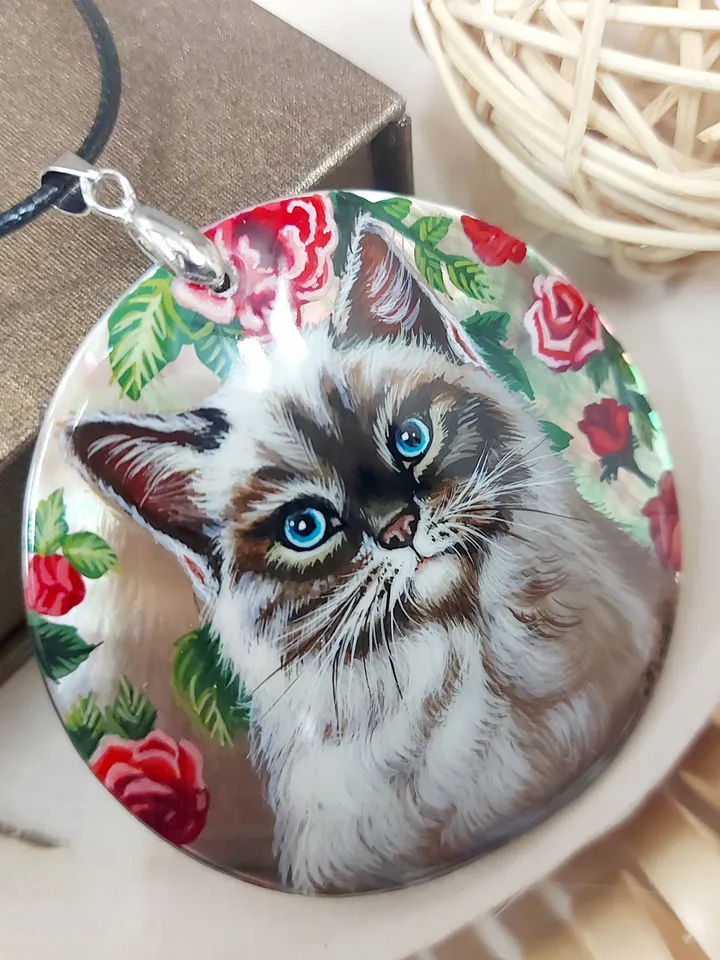 Mother-of-pearl Russian hand-painted necklace pendant "Cat in Flowers" Hand paint necklace pendant Cat pendant