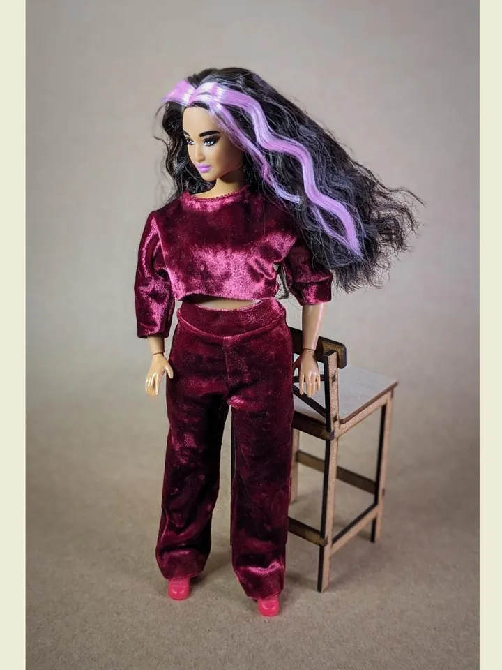 Handmade casual red velvet two-piece set (long-sleeve and pants) for 1/6 scale fashion female dolls